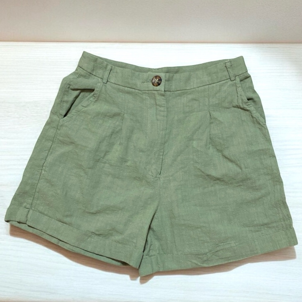Green Cotton Lightweight High Waist Shorts S